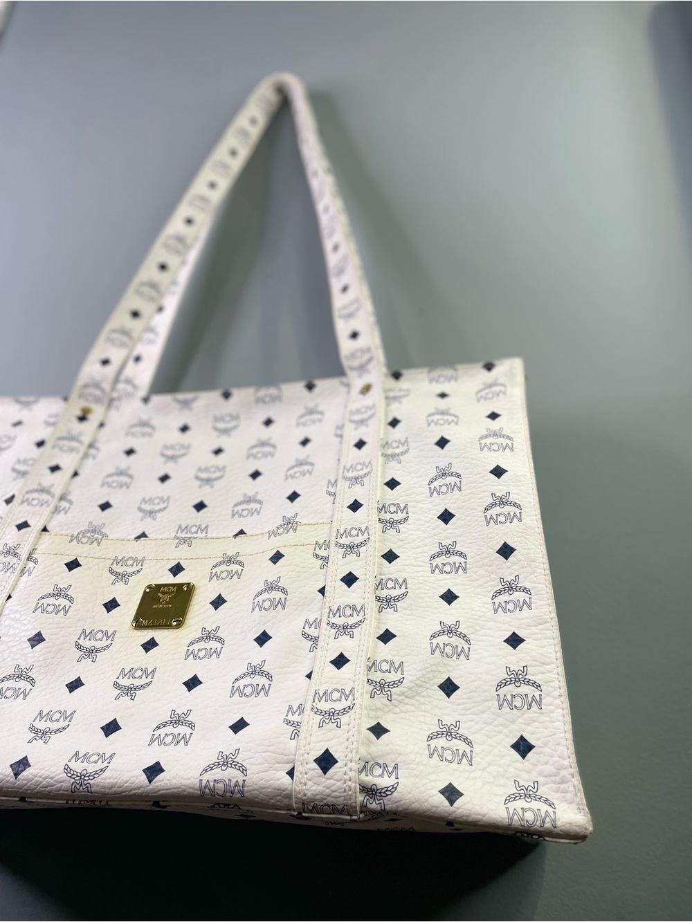 MCM White Logo Canvas Tote - Picture 4 of 13